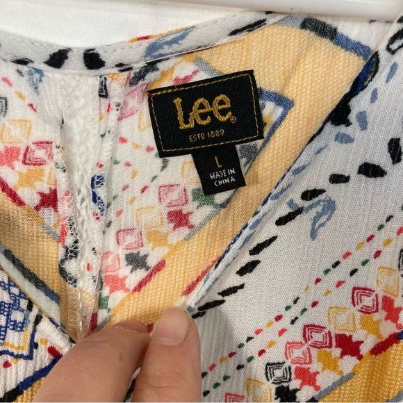 Lee Lightweight Loose Tank SZ L Gathered Empire Waist Lace Trim High Low Yellow - Picture 5 of 7